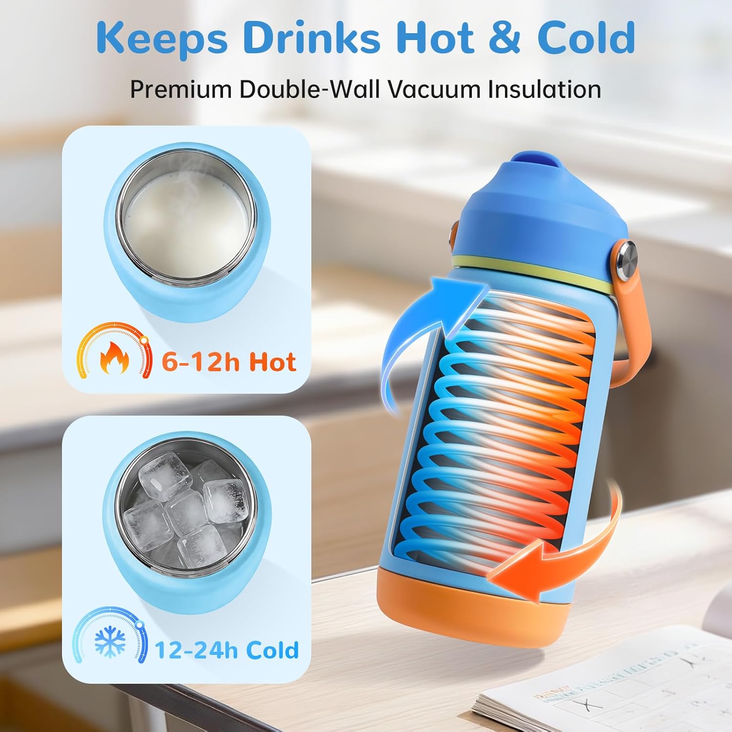 REDSHELL Kids Water Bottle with Carrier Bag, Stainless Steel Toddler Tumbler for School Boys Girls, 14oz Vacuum Insulated Jug with Sling Holder, Cute Sleeve Kid Cup with Straw Lid & Handle, Blue - Image 2