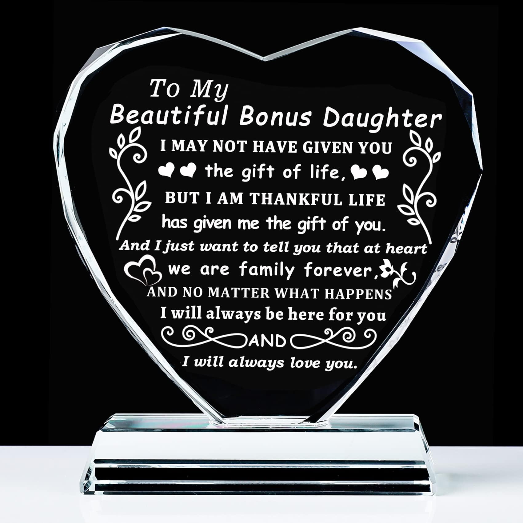 YWHL Bonus Daughter Gifts from Mom Dad, To My Bonus Daughter Heart Shaped Crystal Keepsake, Gifts for Stepdaughter from Stepmom Stepdad on Birthday Christmas Graduation