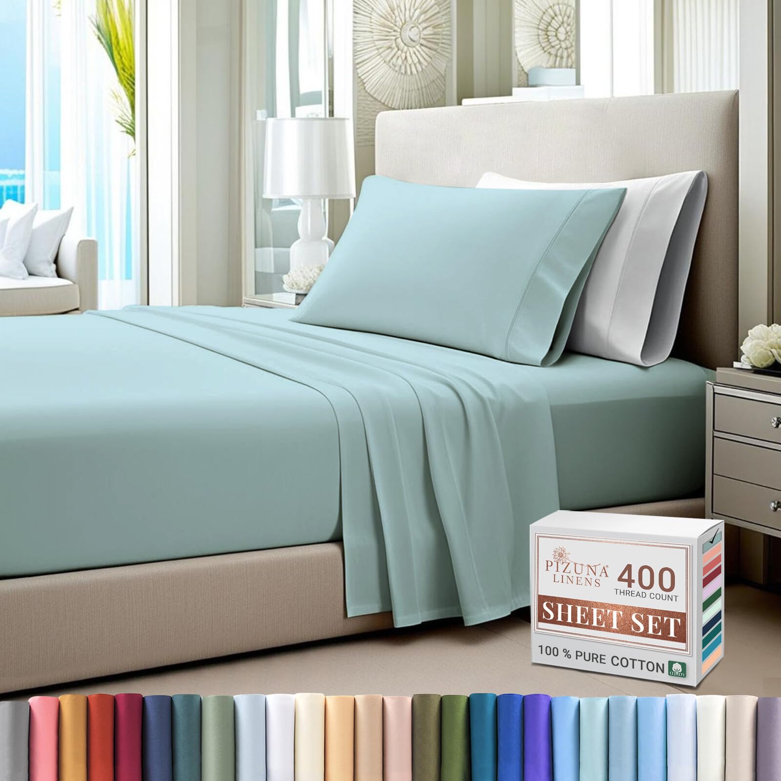 Pizuna Pure Combed Cotton Twin Size Bed Sheet Set, Baby Blue,400 Thread Count Cozy Luxury 100% Long Staple Cotton Sateen Weave Bedsheet Set (1 Flat Sheet, 1 Fitted Sheet, 1 Pillowcase)