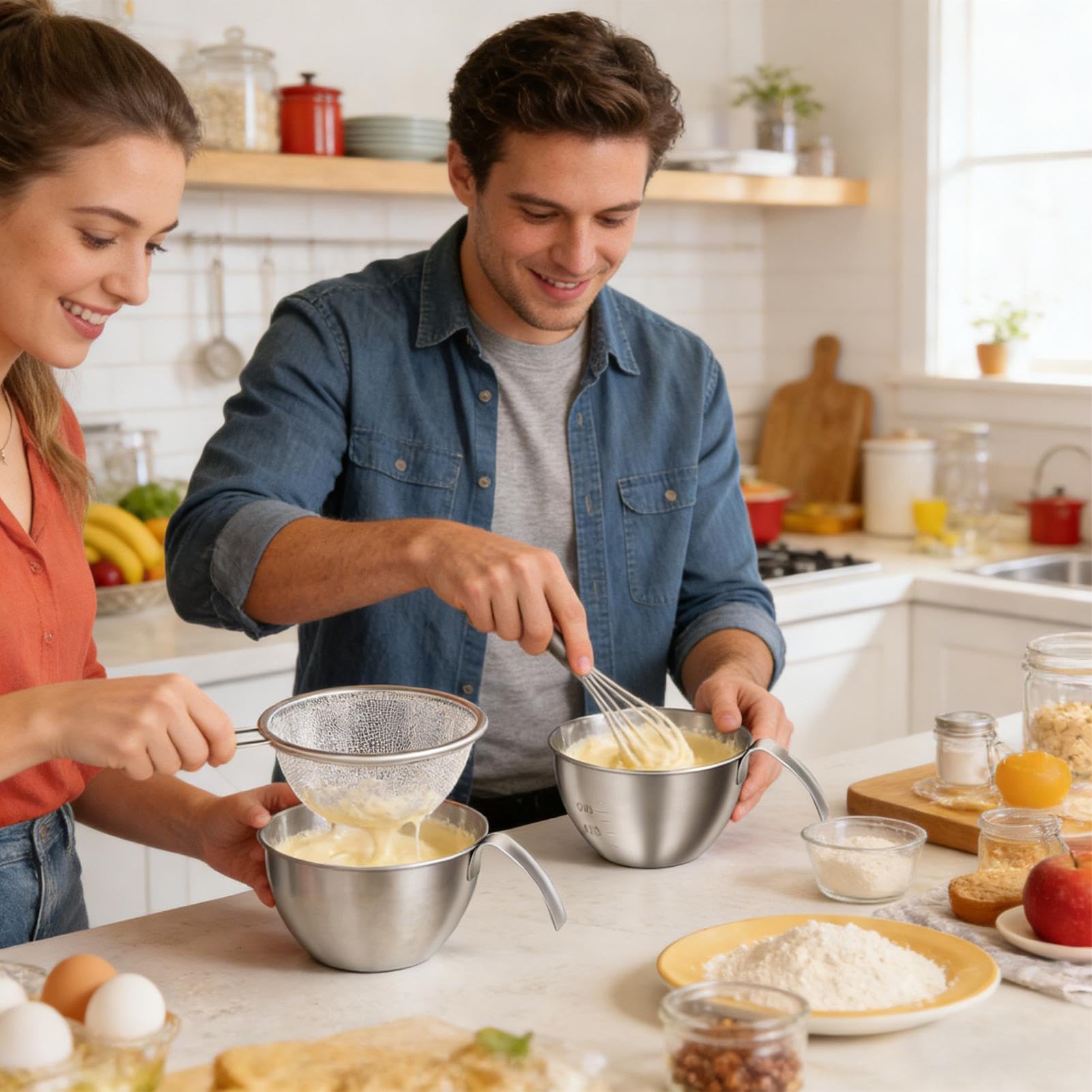 Set di ciotole in acciaio da 14 cm, scolapasta da cucina e ciotole, ciotole per lavare il riso, ciotole con colino, cestini per mescolare con manico, preparazione pasti, insalata,