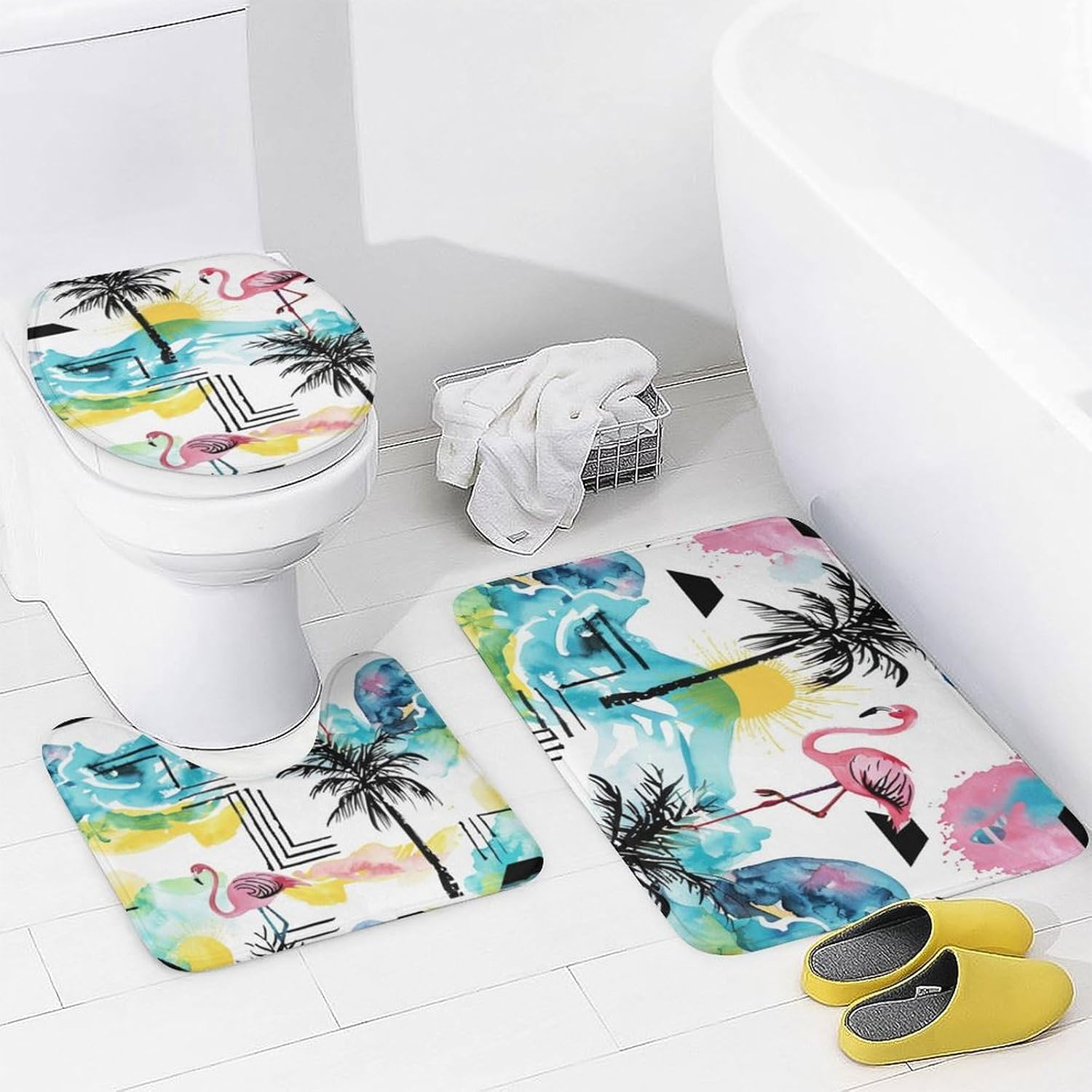 4Pcs Colorful Flamingo Shower Curtain Set with Rugs, Toilet Lid Cover and Bath Mat, Palm Tree Beach Ocean Watercolor Bathroom Curtains Decor Shower Curtains, 72" x 72"
