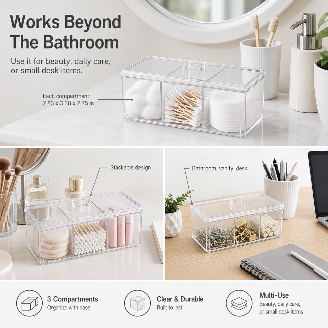 QWORK Clear Acrylic 3 Compartment Organizer with Lid – Dustproof, Waterproof Storage for Cotton Swabs, Makeup Pads, Balls, Bathroom Vanity Countertop