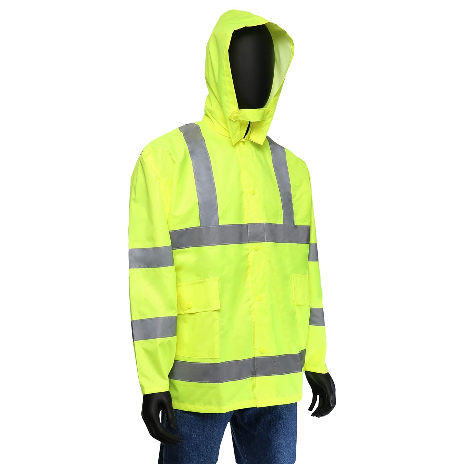 West Chester 44033JCA Hi-Viz Rain Jacket, X-Large - Green, Poly Oxford w/PU Coating, Corduroy Collar, Exterior Pockets