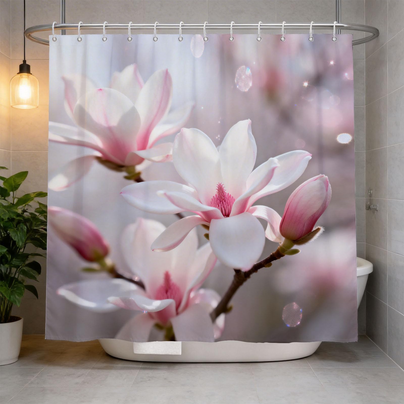 Hongduo 3D Magnolia Shower Curtain for Stalls Bathtubs Chic Bathroom Decor Shower Curtain Set Polyester Fabric Waterproof 180x200cm/71X79 Inch with Hooks