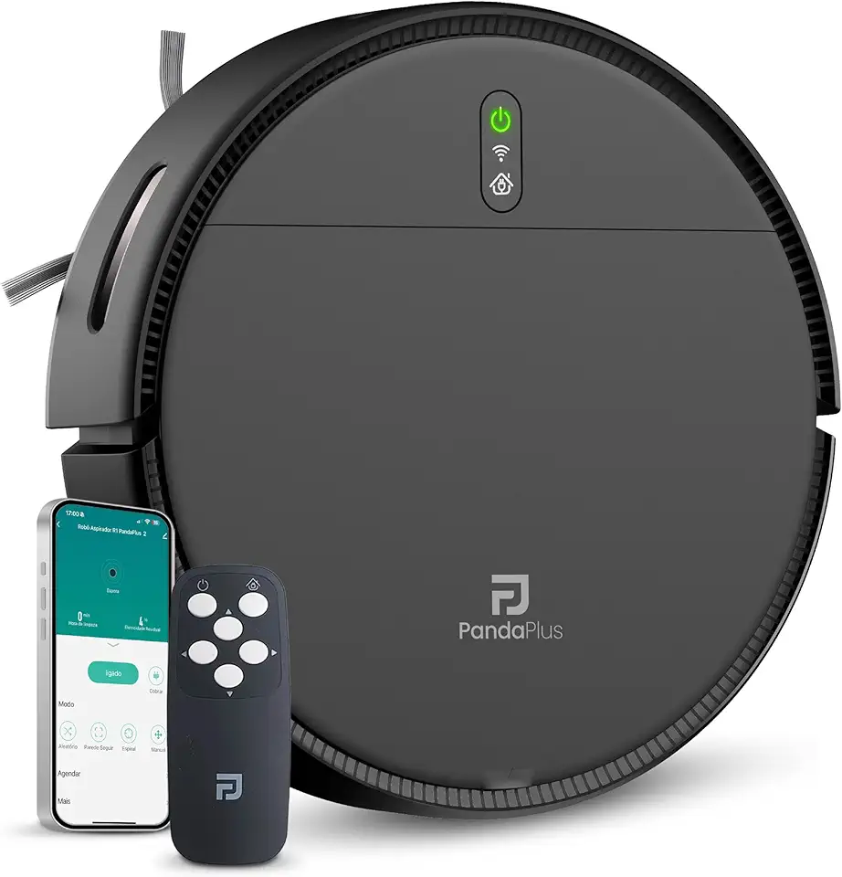 Robô Aspirador de Pó Inteligente 3 em 1 Varre, Aspira e Passa Pano Panda Plus AMG-R1 Wi-Fi, Alexa, Controle Remoto, Vários Modos Bivolt (Preto)