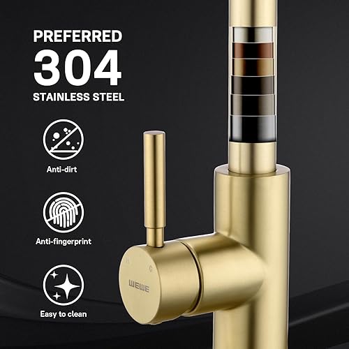 Miniatura 4 de Grifo de cocina dorado cepillado con rociador extraíble WEWE, grifo de cocina dorado monomando de acero inoxidable latón cobre comercial RV 1 o 3