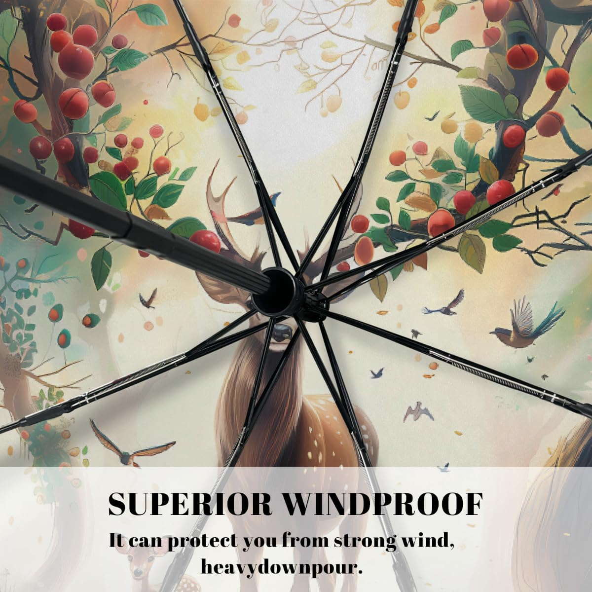 Huge Antlers Deer Forest Folding Umbrella Windproof Compact Lightweight Travel Umbrella with 8 Reinforced Ribs, Portable UV Sun & Rain Protection for Men & Women