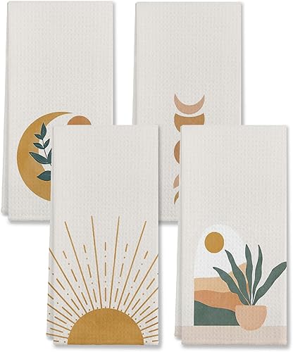 Toallas de cocina y paños de cocina bohemios con diseño de hojas botánicas de sol y luna, diseño abstracto de fase lunar, toalla de mano para