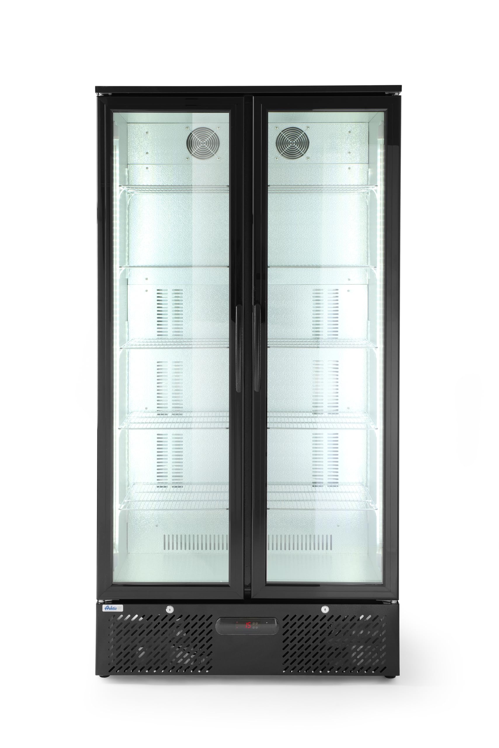 HENDI Refrigerador para bebidas Arktic, botellero vertical de bar, 2 puertas, 384L, 0–10°C, 220V, 365W, 900x530x(H) 1820mm, acero con recubrimiento en polvo negro
