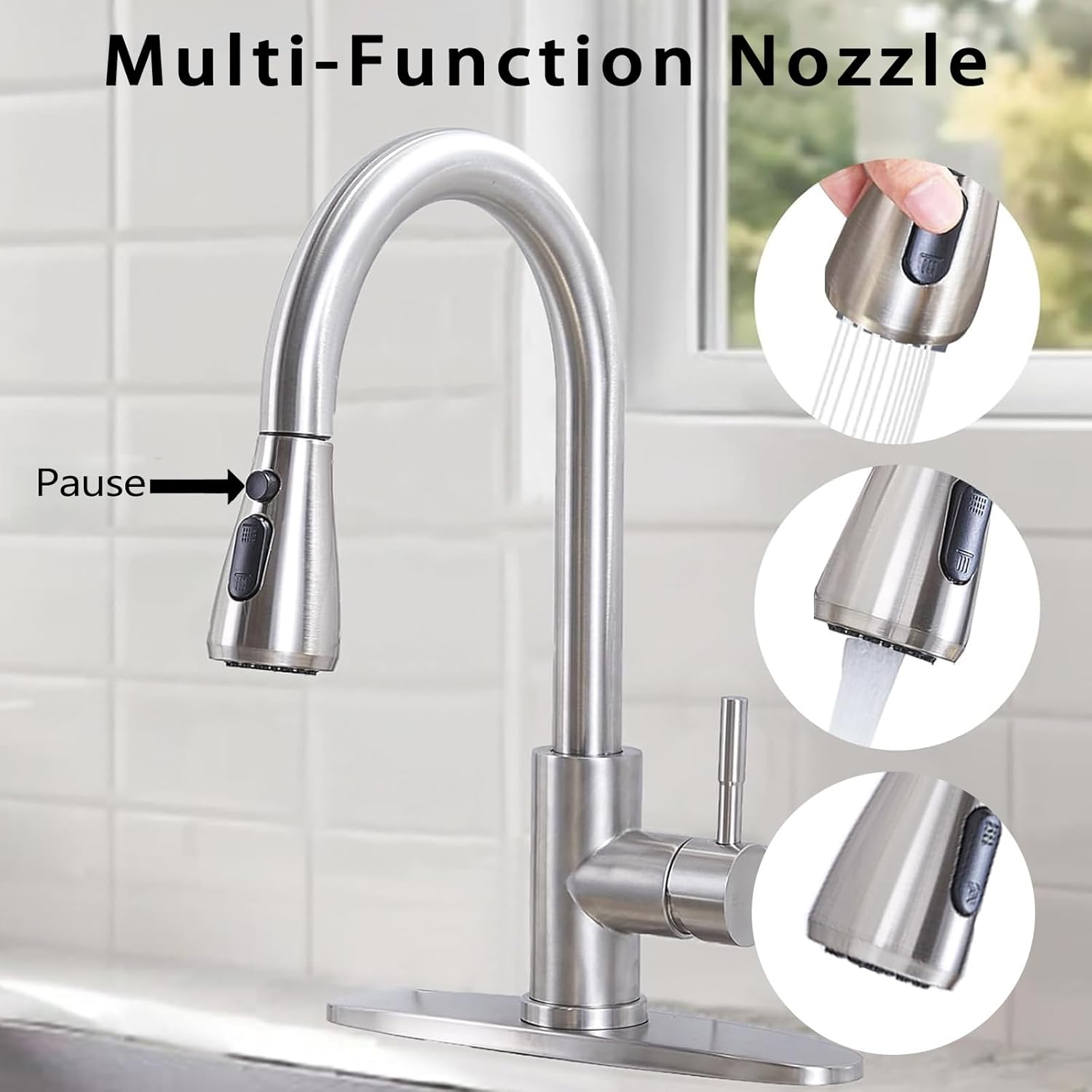 HOTIS Kitchen Faucet with Pull Down Sprayer, Brushed Nickel Stainless Steel High Arc Single Handle Faucets with Deck Plate for 1 or 3 Hole, Suitable for Farmhouse Camper Rv Bar, HT-KYT010L-D-2