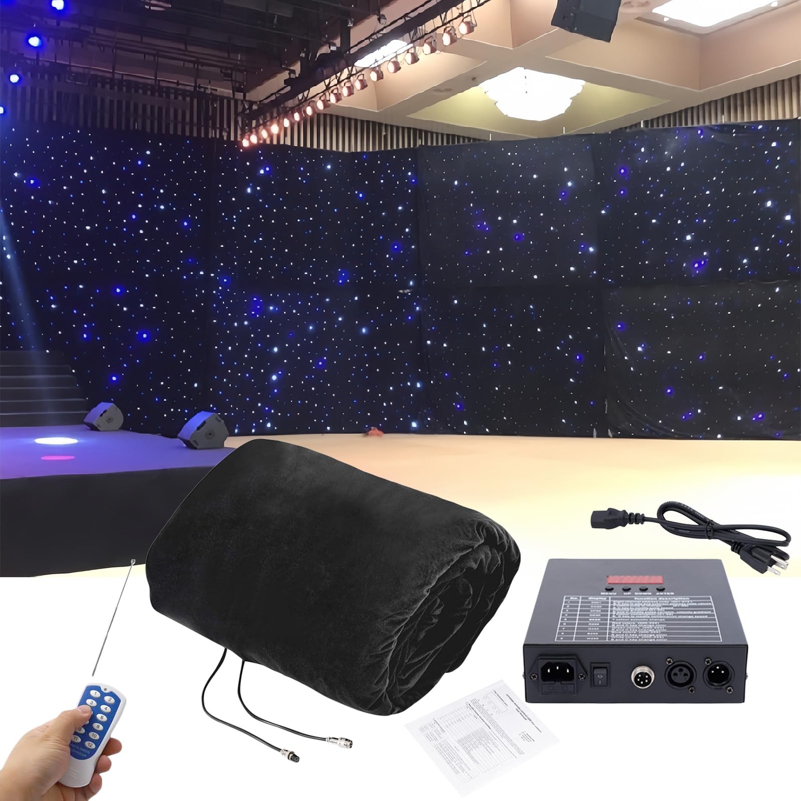 Toile de Fond de Scène à LED, Toile de Fond de Rideau Lumineux, Toile de Fond Colorée, Contrôle DMX en Tissu étoilé à LED, pour Mariage, Fête, événement DJ, Spectacle Sur Scène,Blue+White-3x6m