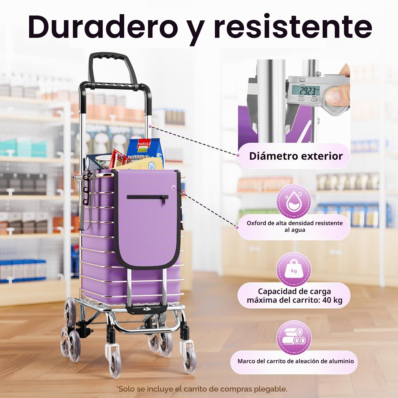 Carro de la compra plegable de aluminio 40 kg – Carro de la compra plegable con bolsa impermeable – Carro de la compra para escaleras con capacidad de carga de 88 libras – 35 L, ruedas, ganchos