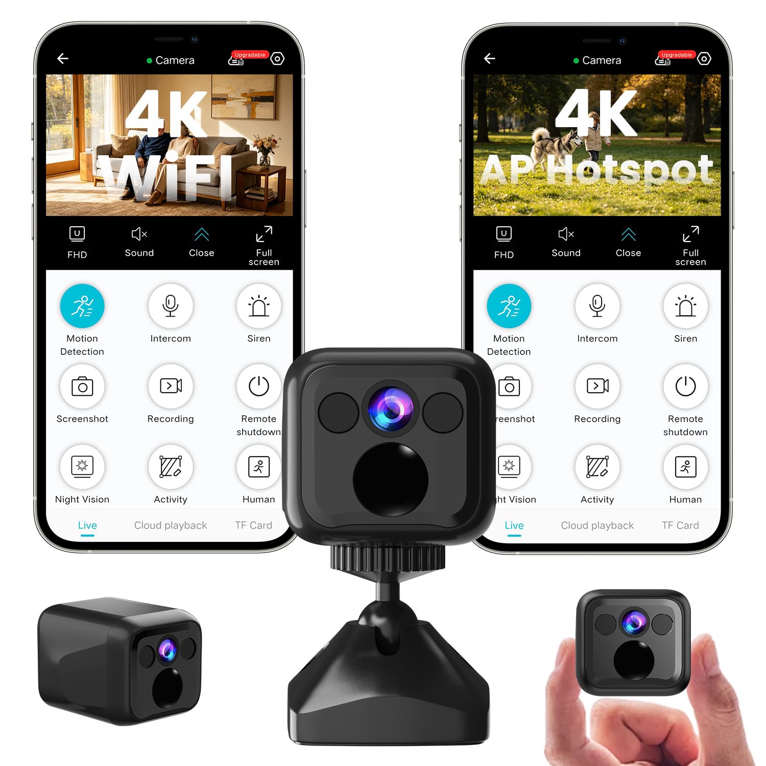 Mini Kamera Überwachungskamera Innen Ohne Wlan, WiFi & AP Hotspot, Kamera Überwachung Außenbereich Akku, 160 Tage Standby, Weitwinkel, Nachtsicht, Kabelloses Kamera für Haus/Haustier, Tiefschwarz