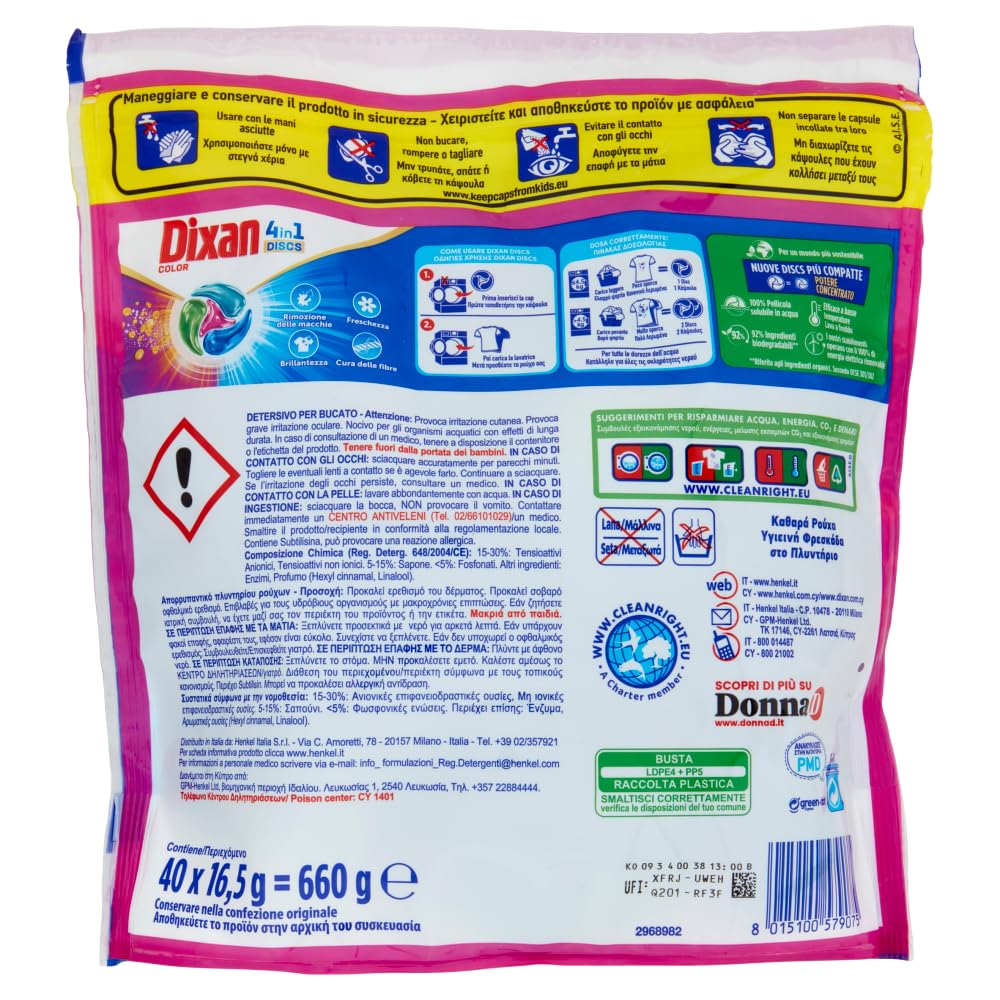 Dixan DISCS 4in1 Color Detersivo Lavatrice (40 Lavaggi), Capsule lavatrice per colori vivaci, pulizia profonda del bucato e freschezza igienica per la lavatrice, Rimuove le macchie da 20°C
