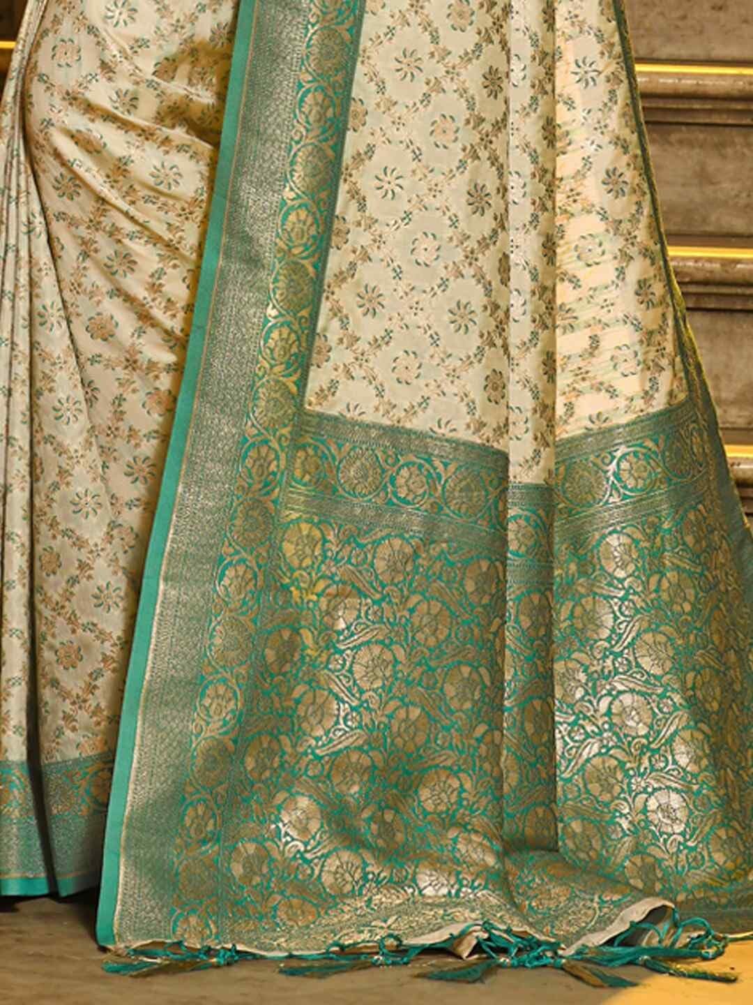 Shiv Textiles Women's Banrasi Silk Floral Motifs Saree(AUS-ASRAJ1004-CREAM-GREEN) 2