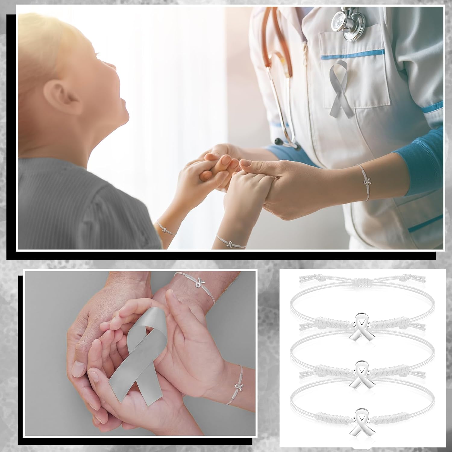 Sasylvia Lung Cancer Awareness Bracelets Adjustable Cord Stretch White Ribbon Braided Bracelets Inspirational Lung Cancer Gifts for Men Women Jewelry Accessories