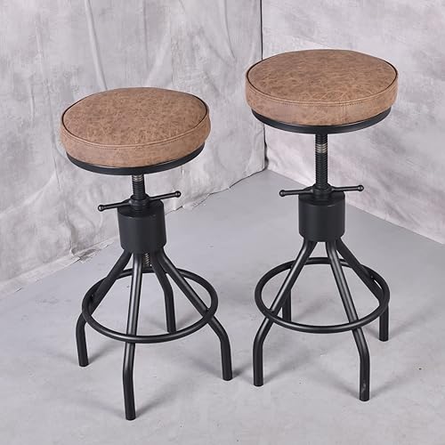 Miniatura 6 de Juego de 2 taburetes de bar vintage giratorios de piel sintética, asiento de cocina, isla de trabajo, silla de banco de trabajo de altura ajustable