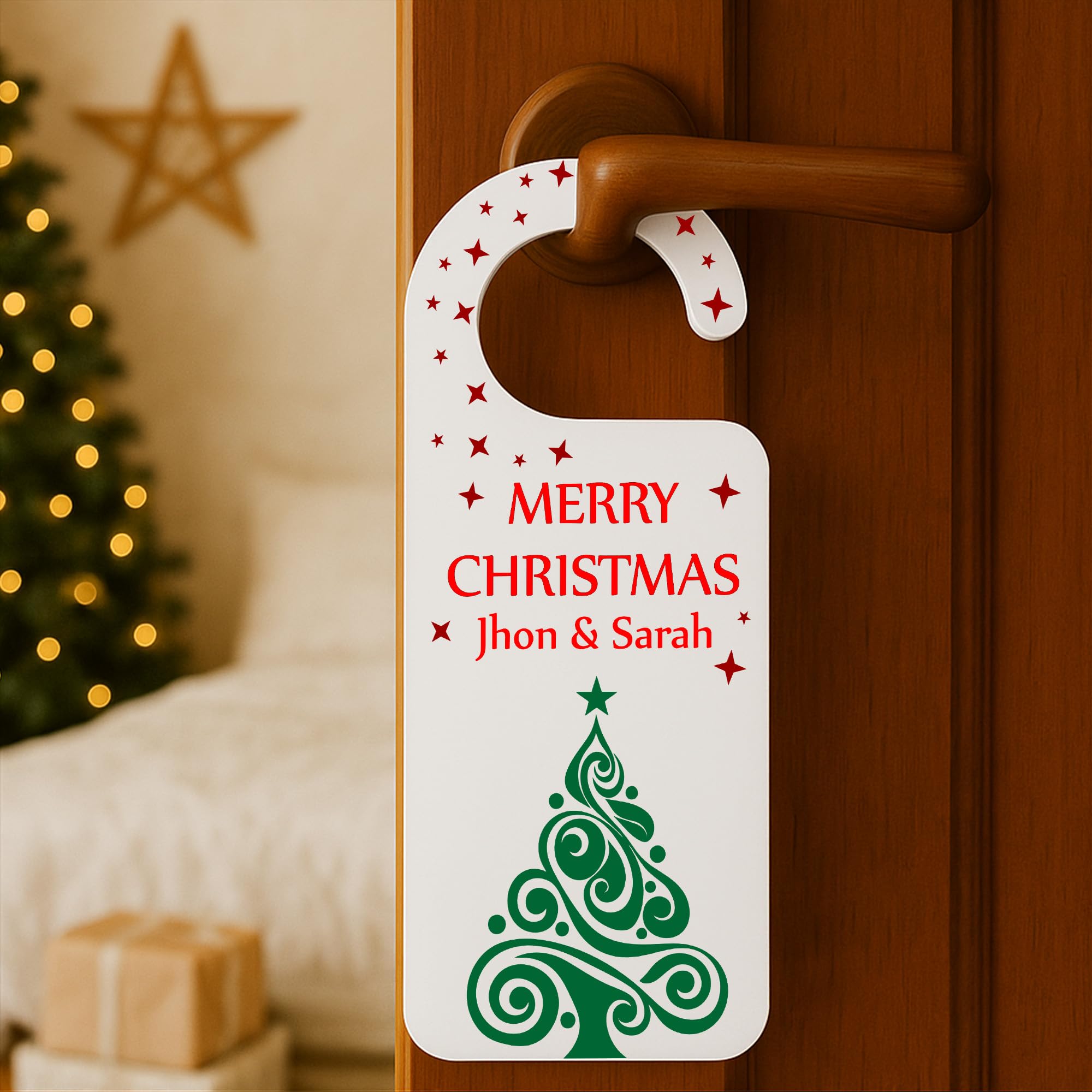KreateSquare Personalised "Santa Please Stop Here" Door Hanger, Custom Name Christmas Sign for Kids & Families, Festive Christmas Eve Door Decoration, Wooden, White & Clear Acrylic Unique Gift UK