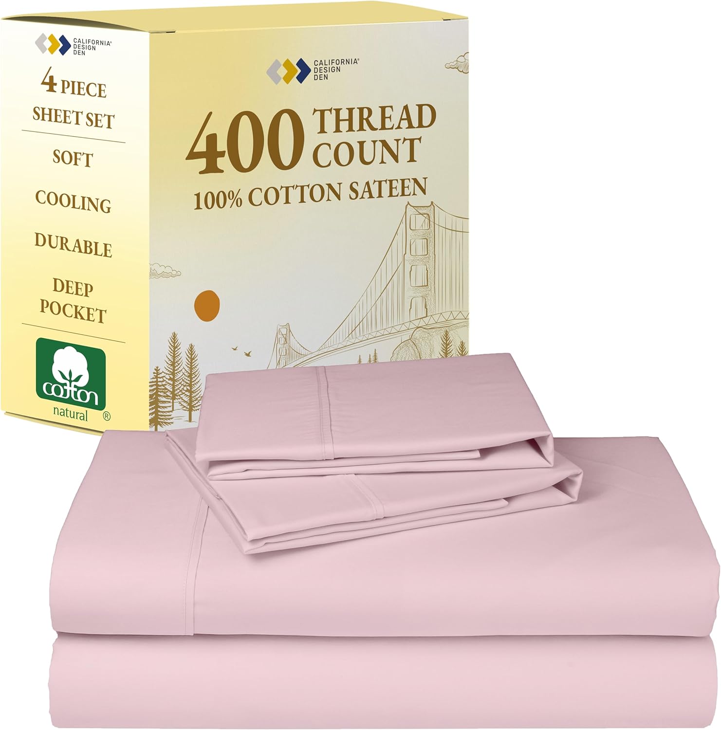 California Design Den Natural 100% Cotton Sheets, Soft Queen Sheet Set, 400 Thread Count Sateen, Deep Pockets with All-Around Elastic for a Snug Fit, Cool & Durable Bedding Set - Pink