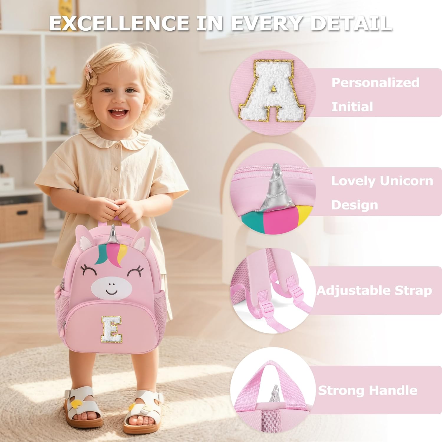YOOLIFE Personalized Toddler Backpack - Birthday Gift for Kids Toddler, Unicorn Monogrammed Kindergarten Backpack for Kids Daughter Granddaughter Birthday Gifts School Pink M - Image 5