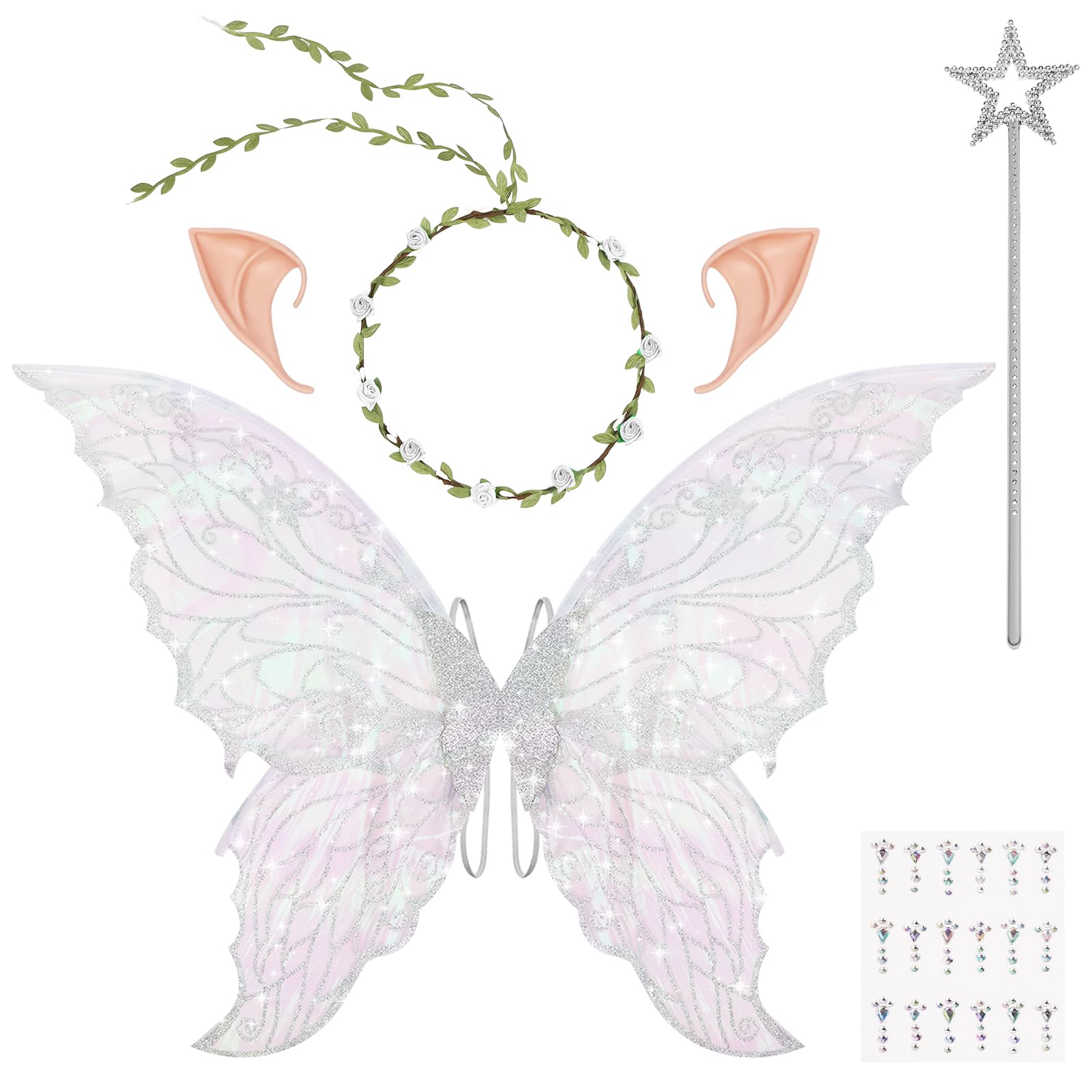 DiULi Alas Hadas Mariposa, 5pcs Alas de Duende+Guirnalda+Orejas de Elfo+Varita de Hada+Pegatinas Diamantes, Alas Disfraz Mujeres y Niños para Halloween, Carnaval, Fiesta,Cosplay, Talla Única (Blanco)