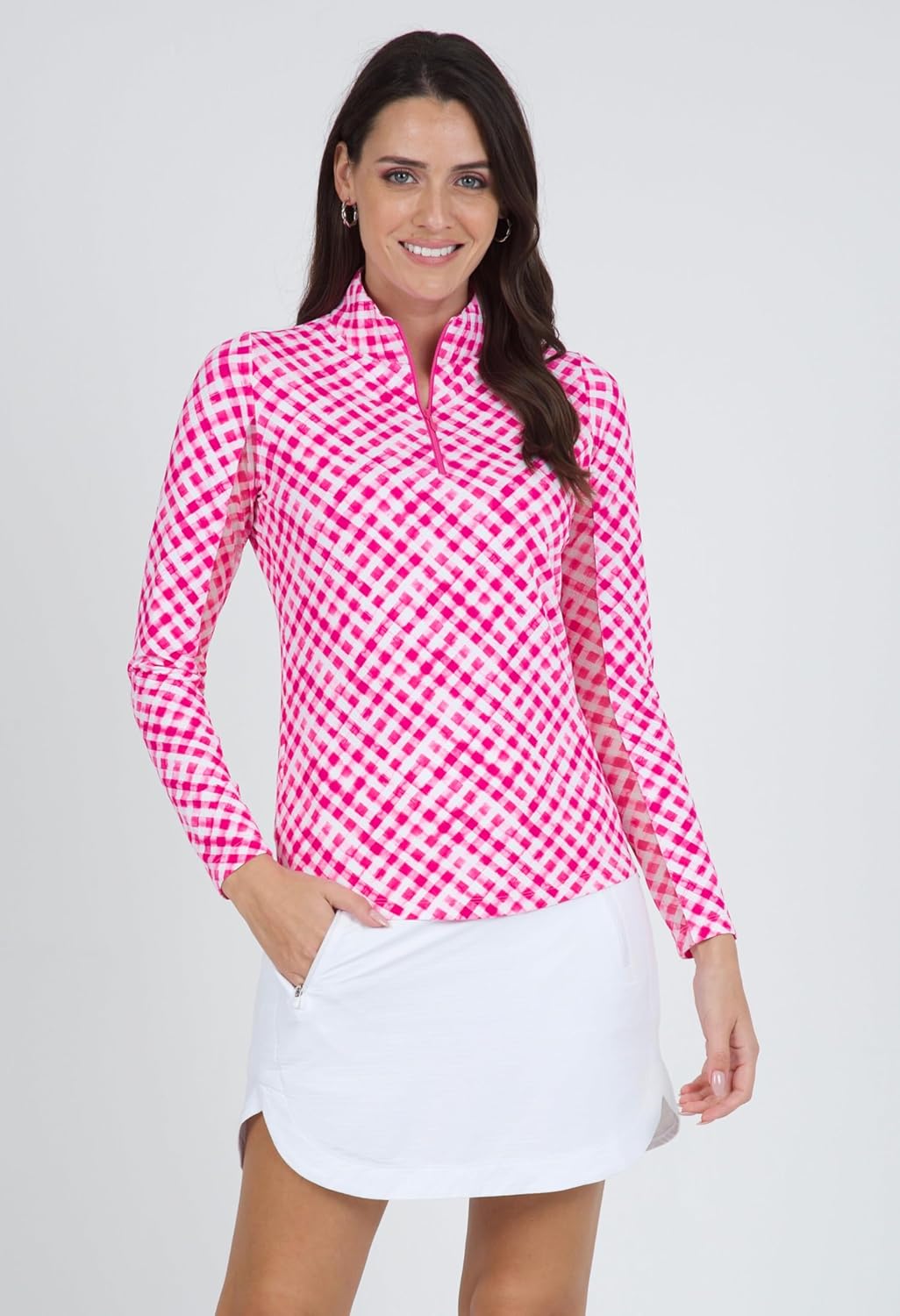 IBKUL Athleisure Wear Sun Protective UPF 50+ Icefil Cooling-Gingham Check Print Long Sleeve Mock Neck Top-10876 - Image 7