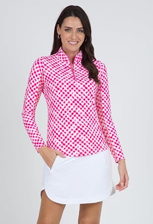 IBKUL Athleisure Wear Sun Protective UPF 50+ Icefil Cooling-Gingham Check Print Long Sleeve Mock Neck Top-10876