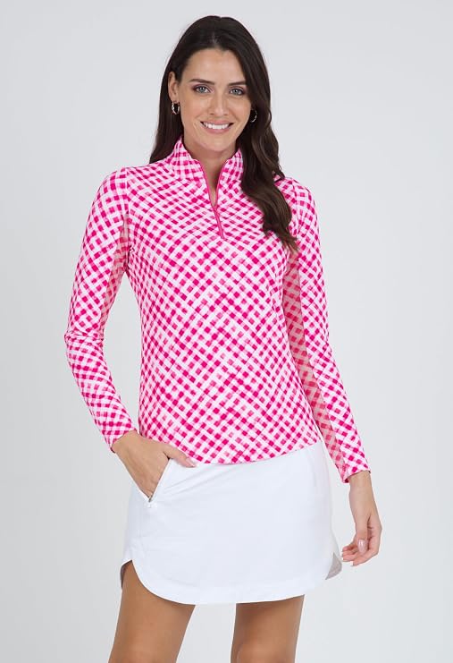 IBKUL Athleisure Wear Sun Protective UPF 50+ Icefil Cooling-Gingham Check Print Long Sleeve Mock Neck Top-10876