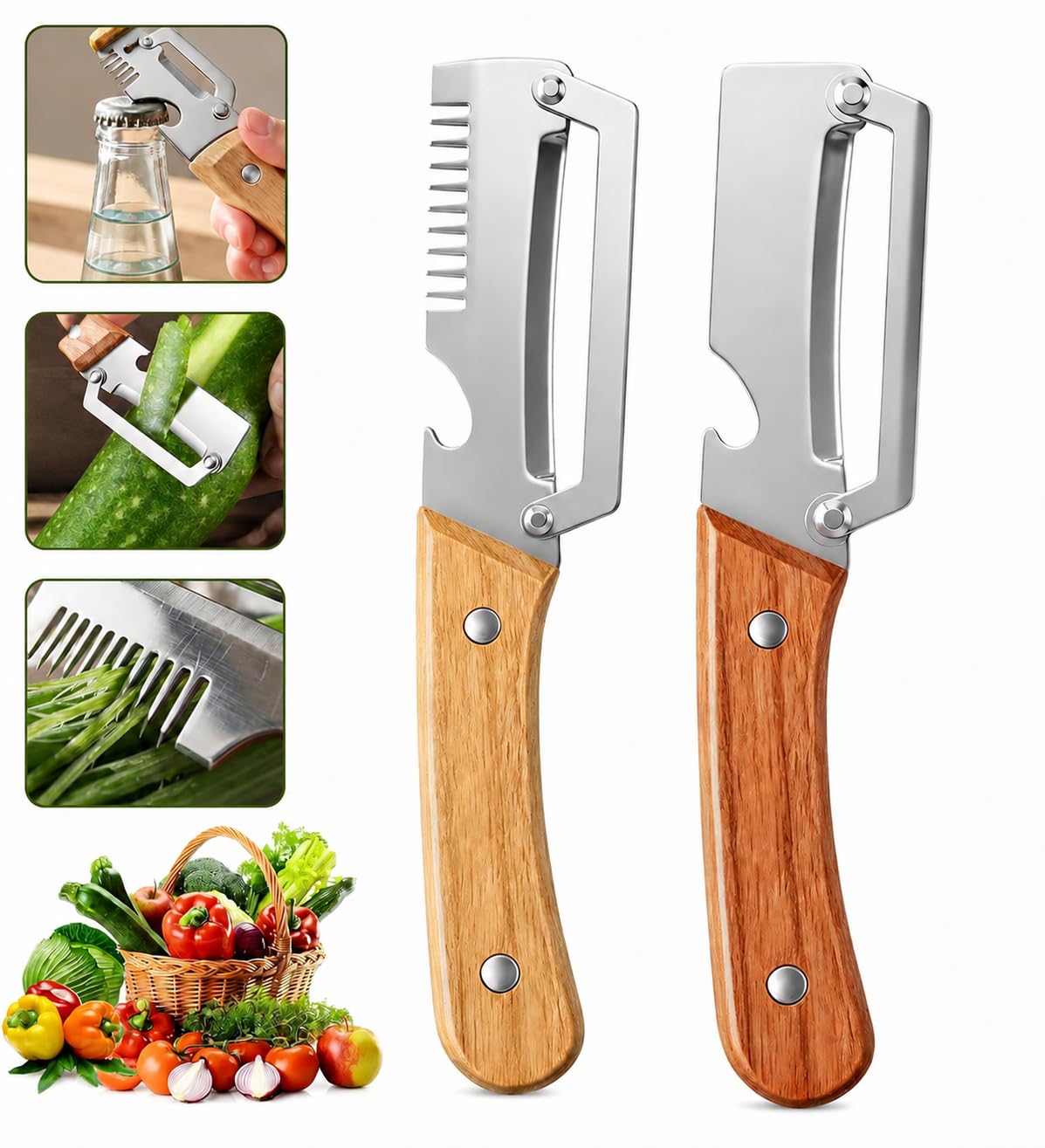 2PCS Vegetable Peeler Set – Stainless Steel 3-in-1 Julienne Slicer & 2-in-1 Fruit Peeler, Ultra Sharp Handheld Kitchen Peelers for Potato, Carrot, Cucumber, Cabbage and Vegetables