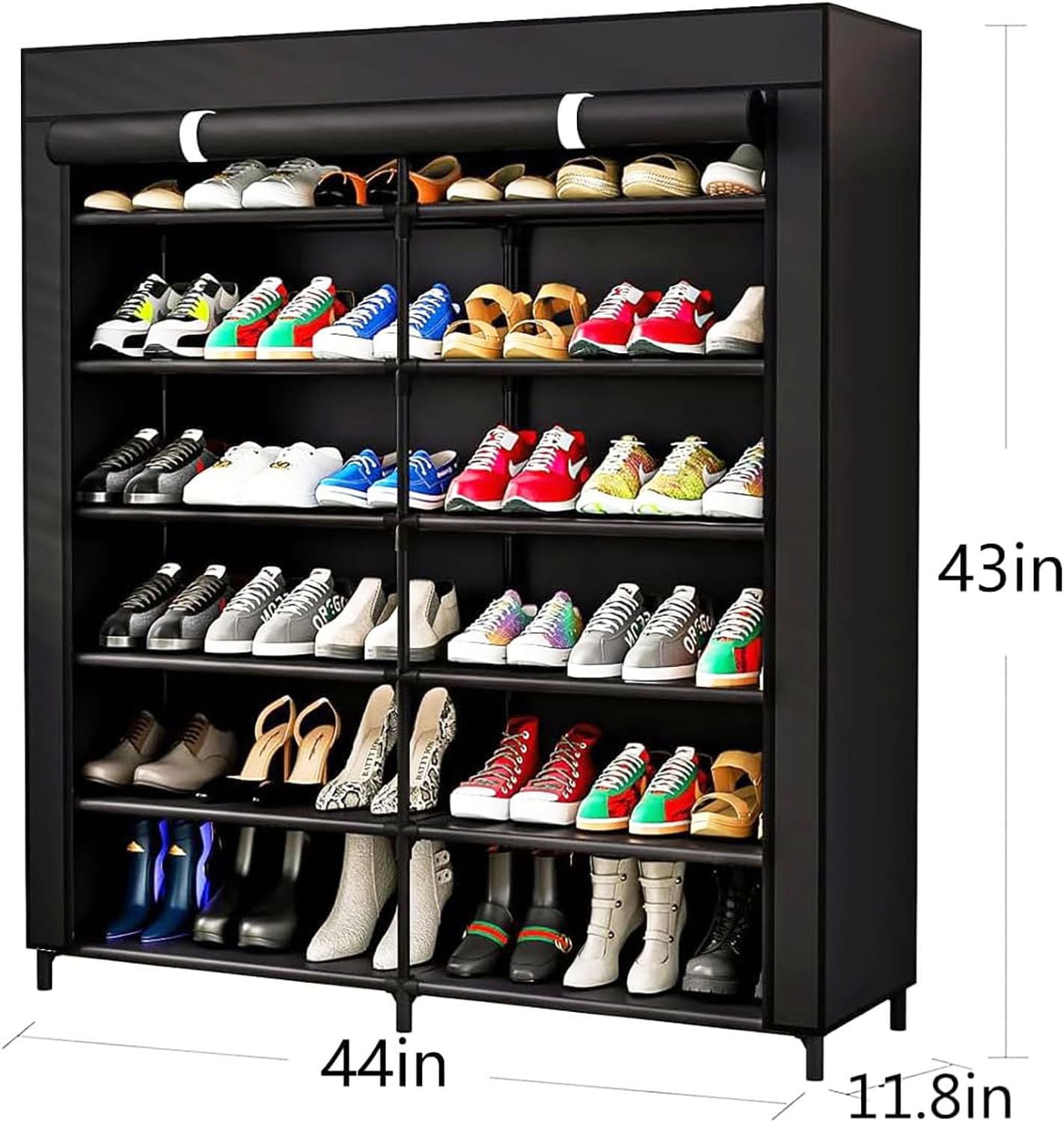 7-Tier Shoe Rack Storage Organizer 36 Pairs Portable Double Row with Dustproof Cover Non-Woven Shoe Storage Cabinet 44" x 11.8" x 43" (Black, 7 Tiers)
