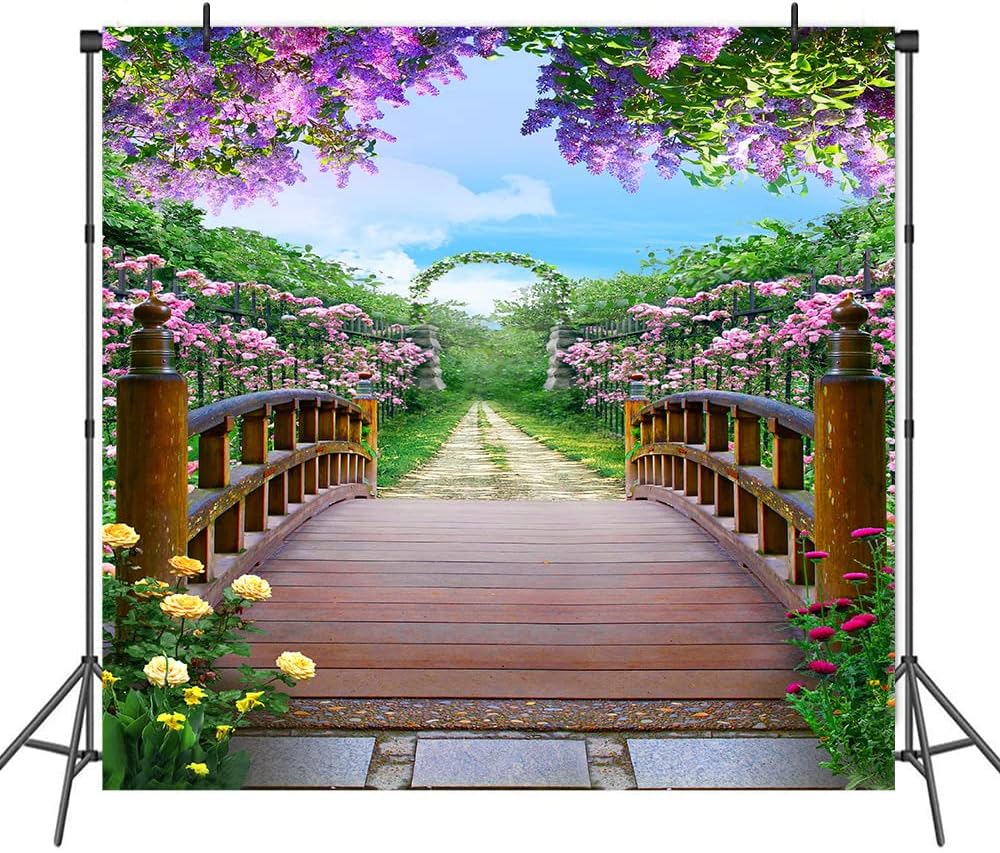 Rose Lilac Garden Flowers Photo Backdrop Path Wooden Bridge Spring Floral Backdrop Vinyl 9x6ft Romantic Wedding Anniversary Baby Shower Bridal Shower Engagement Photo Shooting Props BJLSPH1515