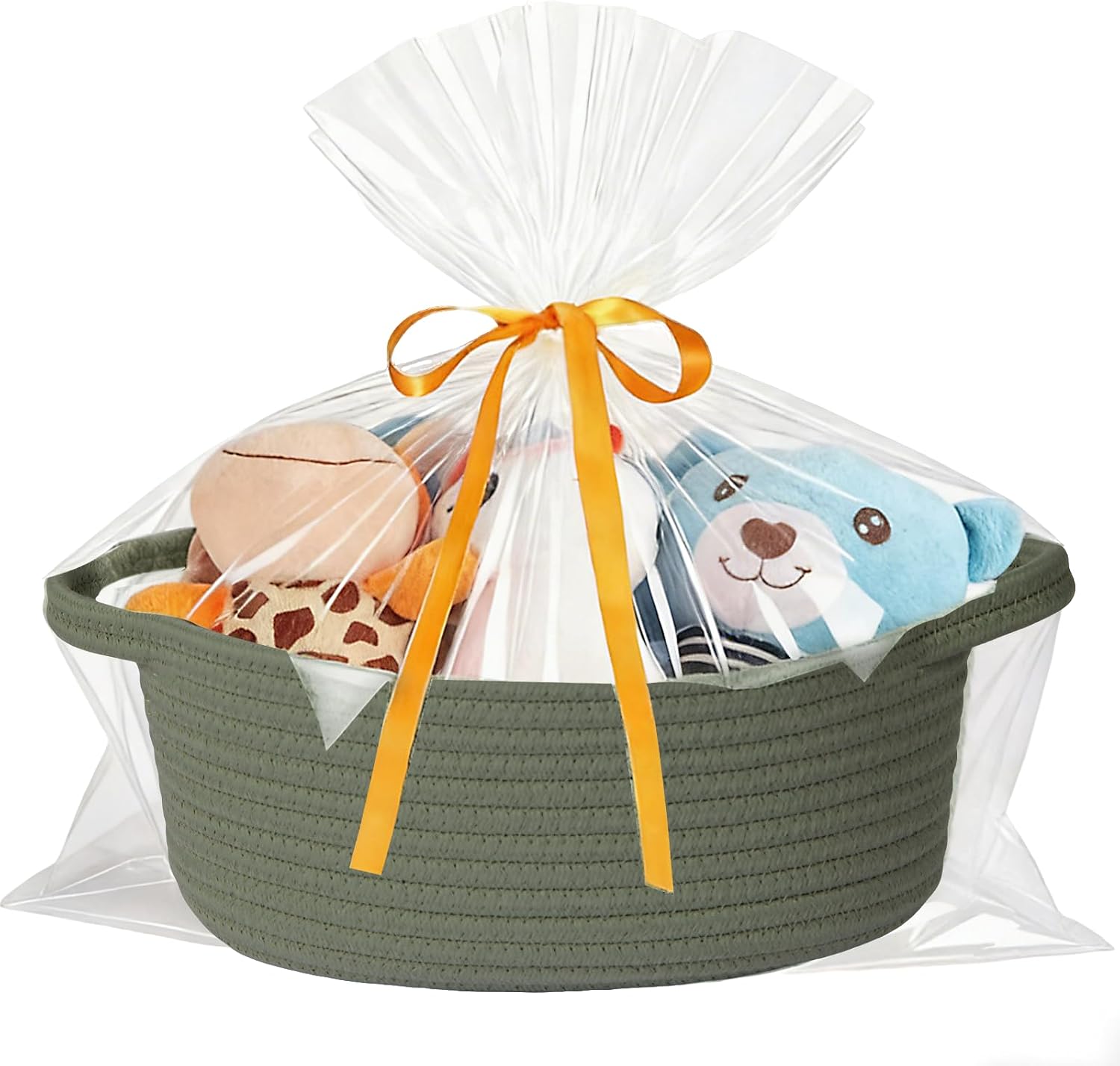 Small Woven Basket with Gift Bags and Ribbons Durable Cotton Rope Basket for Halloween Gifts Empty Storage Basket 12"X 8" X 5" Baby Toy Basket with Handles, Green