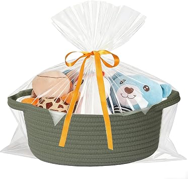 Small Woven Basket with Gift Bags and Ribbons Durable Cotton Rope Basket for Halloween Gifts Empty Storage Basket 12"X 8" X 5" Baby Toy Basket with Handles, Green
