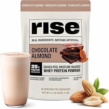 Rise Grass-Fed Whey Protein Powder - Chocolate Almond | 25g Protein No Artificial Flavors, Colors, or Preservatives - Sugar Free, Gluten-Free, Soy Free 2.4 lbs