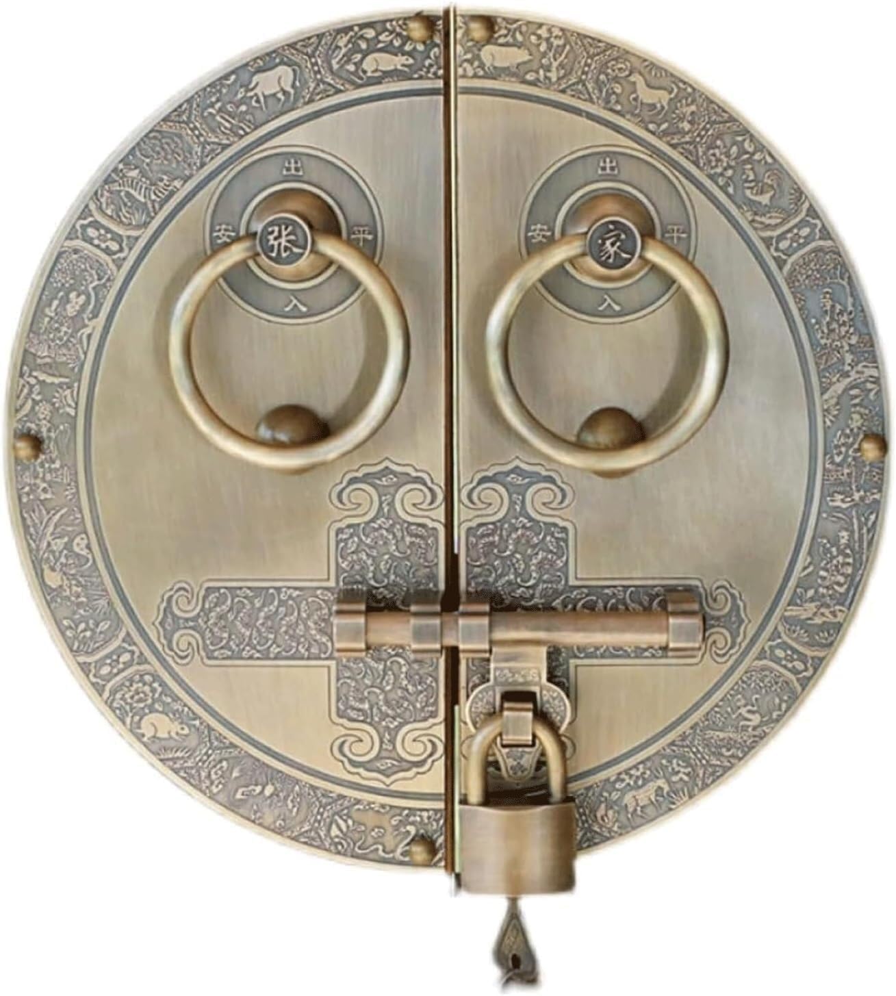 TIST Iron Door Knocker Door Knocker for Front Door Retro Round Door Knock with Mounting Hardware Antique Metal Copper Door Handle Surface-Mounted Installation(A,Dia 44cm)