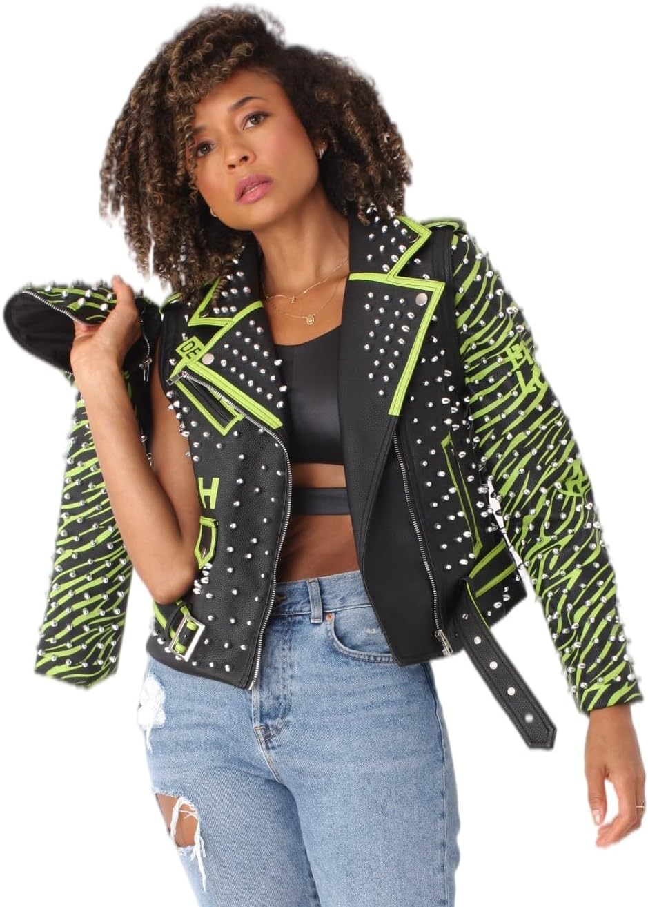 ForHer NYC Women's Studded Faux Leather Motorcycle Jacket, Black/Red, Black/Lime, S-2X, Detachable Sleeves, Punk Style, 81989