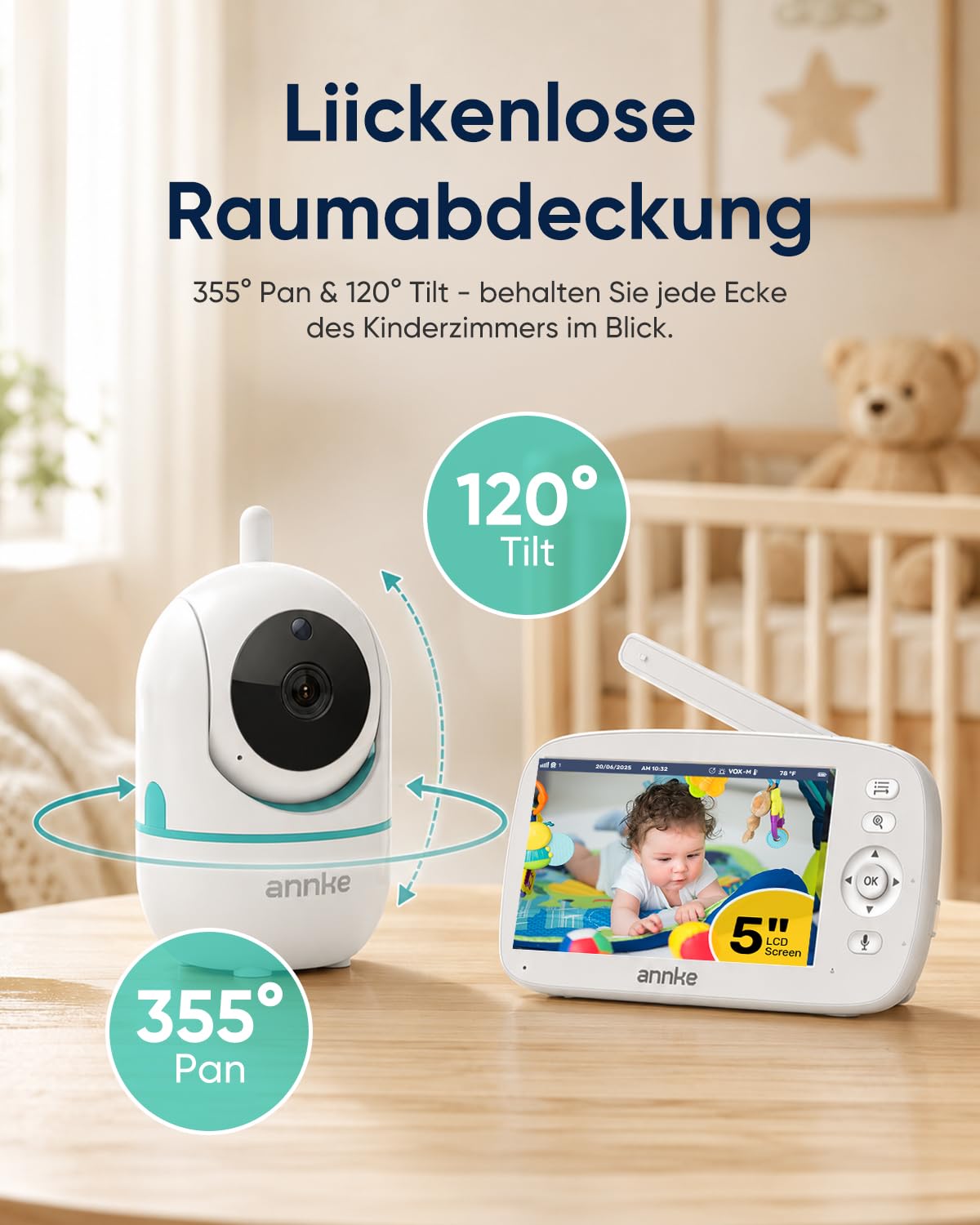 CV50 Babyphone mit Kamera ohne WLAN, App oder Cloud, 5 Zoll HD Display, 360° PTZ Kamera, 5000mAh Akku, 940nm Nachtsicht, Zwei-Wege-Audio, VOX Modus, Sichere FHSS Verbindung