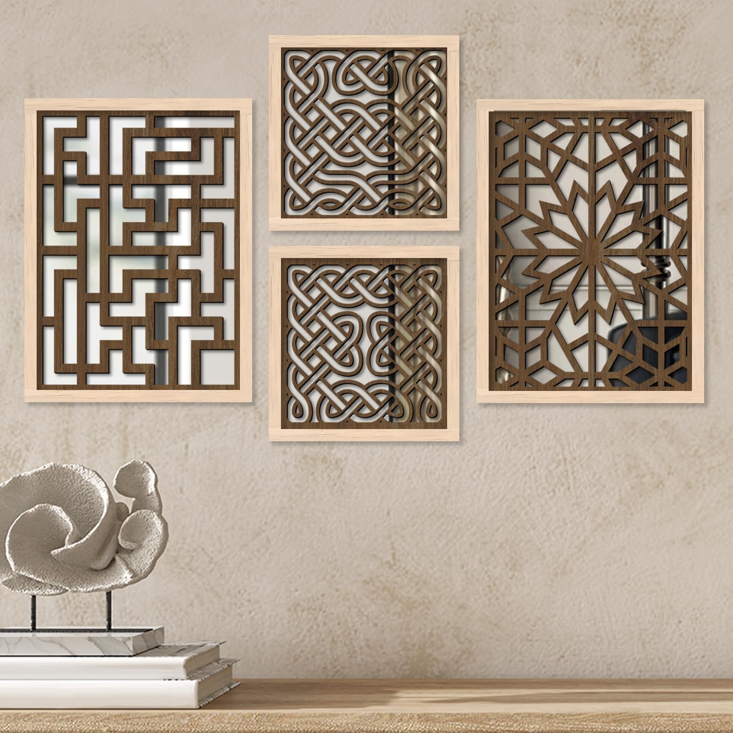 kotart Wall Mirror Decor Panel Wooden Hanging Rectangular Wall Decor Frame for Living Room, Bedroom - Decorative Wall Mirrorr - Wooden Jharokha Set of 4 (Mirror 4, Big (13x17 or 13x13 inch))