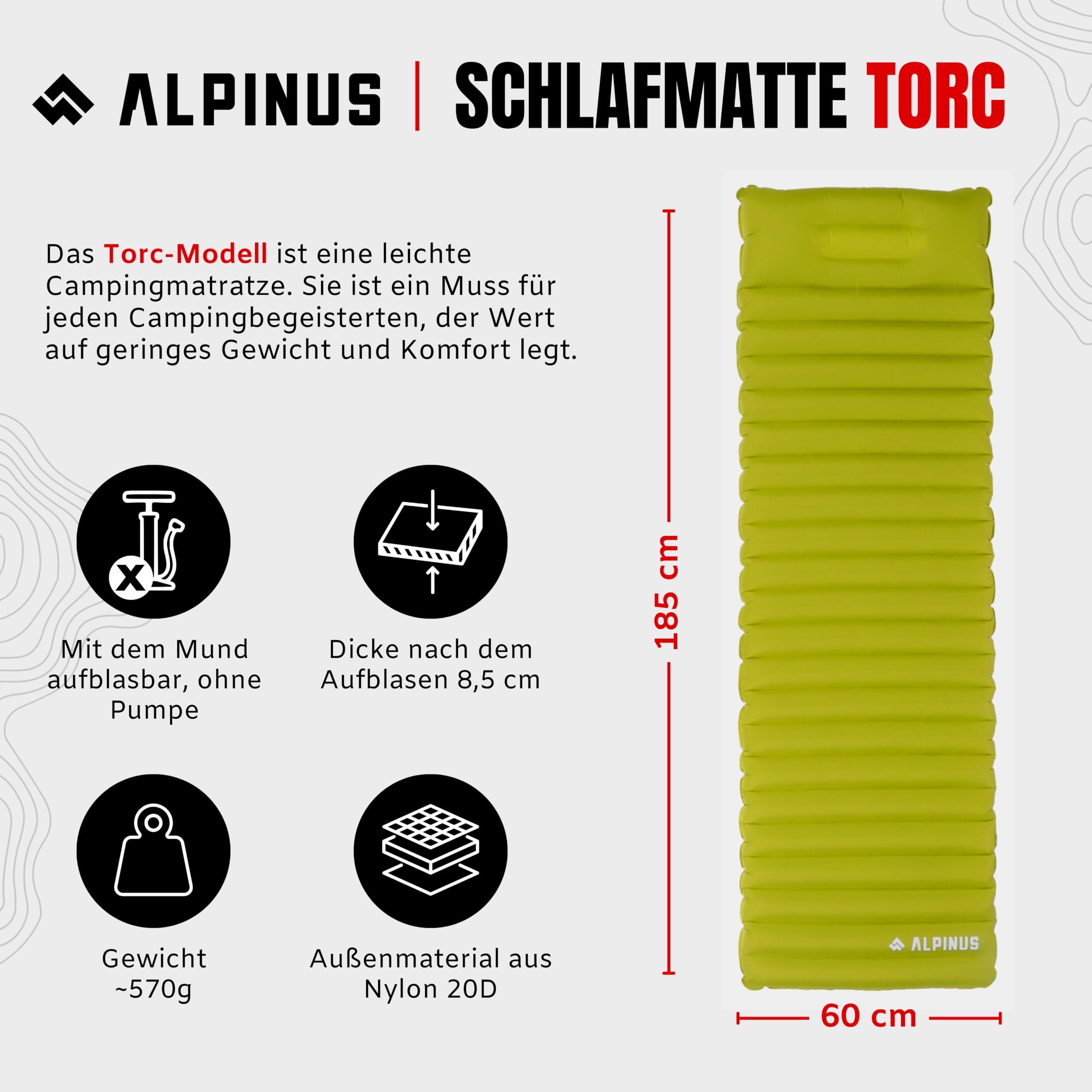 Alpinus - Materac Turystyczny Torc 185 x 60 x 8,5 cm, Materac Dmuchany Lekki i Kompaktowy, Dwukierunkowy Zawór z Automatyczną Blokadą - zielony NP11149