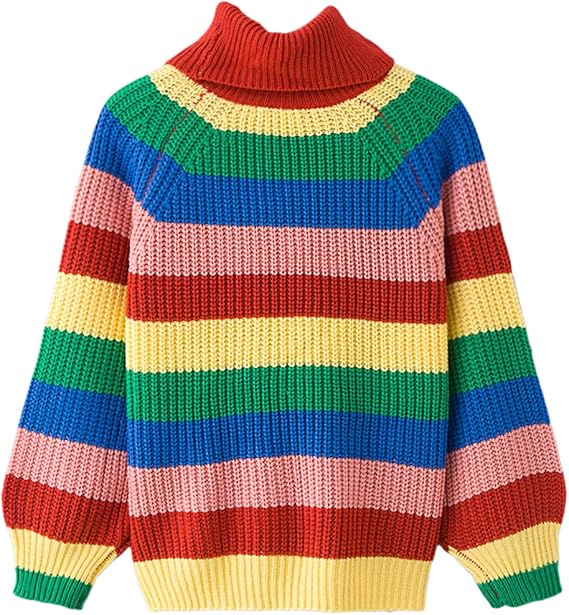 iticat Women Rainbow Sweater Chunky Colorful Striped Turtleneck Pullover