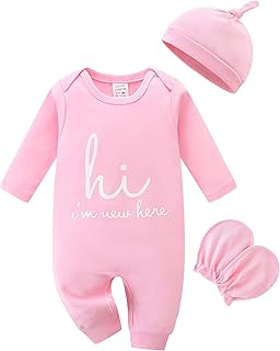 Cute Newborn Unisex Baby 100% Cotton Long Sleeve Onesie Coming Home Outfits,Soft Romper with Mittens & Hat