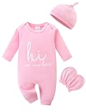Cute Newborn Unisex Baby 100% Cotton Long Sleeve Onesie Coming Home Outfits,Soft Romper with Mittens & Hat