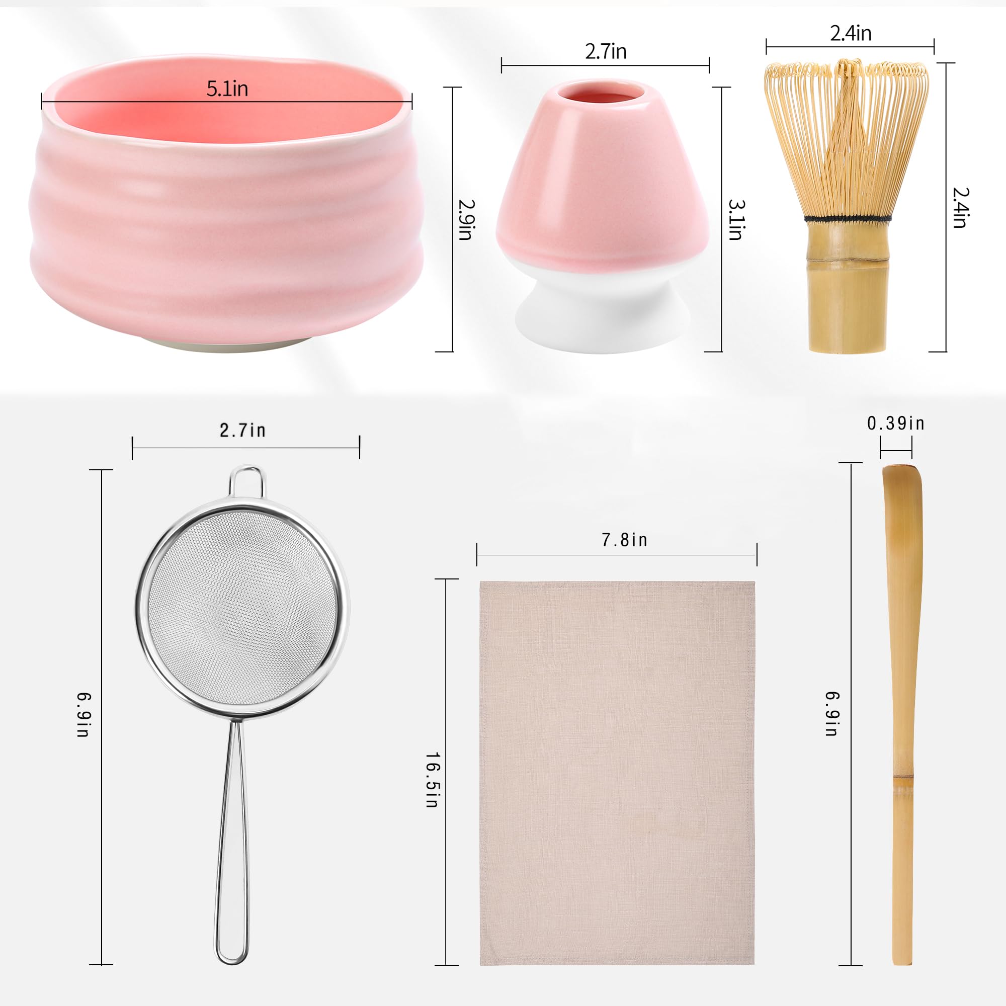 Zeremonie-Matcha-Set – traditioneller Matcha-Schneebesen (Chasen) aus Bambus (Chashaku), Chawan-Schüssel mit Ausgießer, Schneebesenhalter, Sieb, Teetablett, das perfekte Matcha-Set (6er-Set
