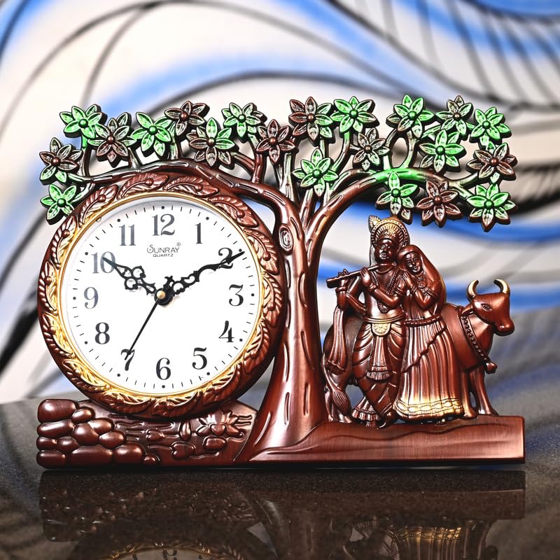 Image of Radhe Krishna Wall Clock - Spiritual Analog Clock with Cows Under Tree | Decorative Clock for Home, Temple, and Gift | 5111 Mini Design in Plastic & Glass | with Surprise Gift