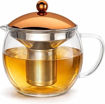 bonVIVO Glass Teapot with Infuser   1.5L Loose Leaf Tea Maker, Heat-Resistant Borosilicate Glass & Stainless Steel Strainer   Blooming Tea Pot for Herbal Tea, Flowering Tea & Fruit Infusions Copper