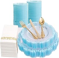 Vista 1 de PULOTE Juego de 175 piezas de platos de plástico transparentes y azules - Juego de vajilla desechable con borde azul - Incluye 25 platos de cena, 25