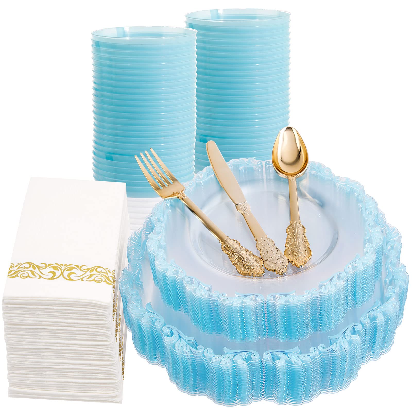 PULOTE 175-Piece Clear and Blue Plastic Plates - Blue Rim Disposable Dinnerware Set - Include 25 Dinner Plates, 25 Dessert Plates, 75 Cutlery, 25 Cups & 25 Napkins for Easter and Parties