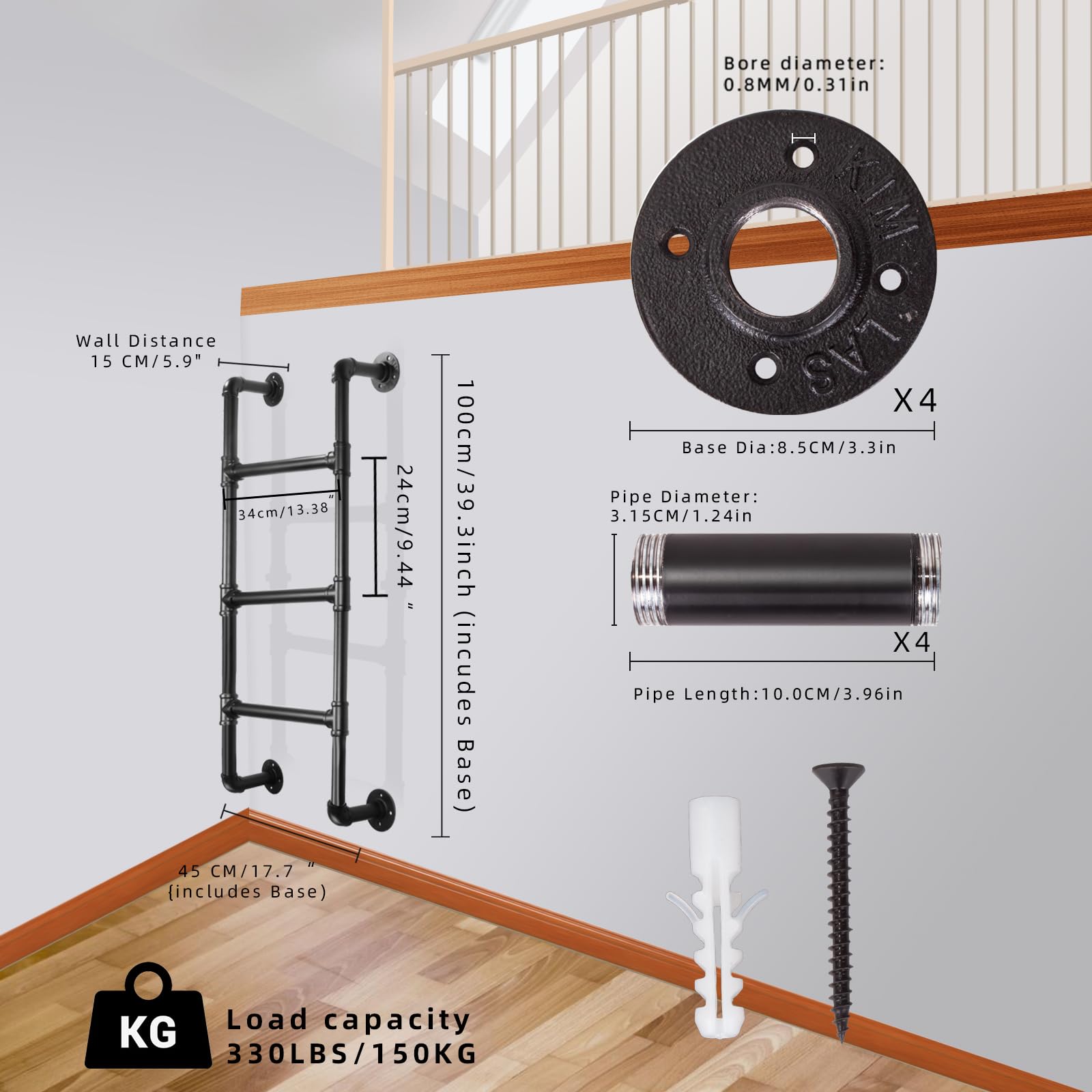 3-Sprossen Wandleiter aus schwarzem Metall, 100 cm/3.3FT, bis 150 kg belastbar, Robuste und platzsparende Ausstiegsleiter für Etagenbett, Loft, Dachboden, und Kellerfensterschacht