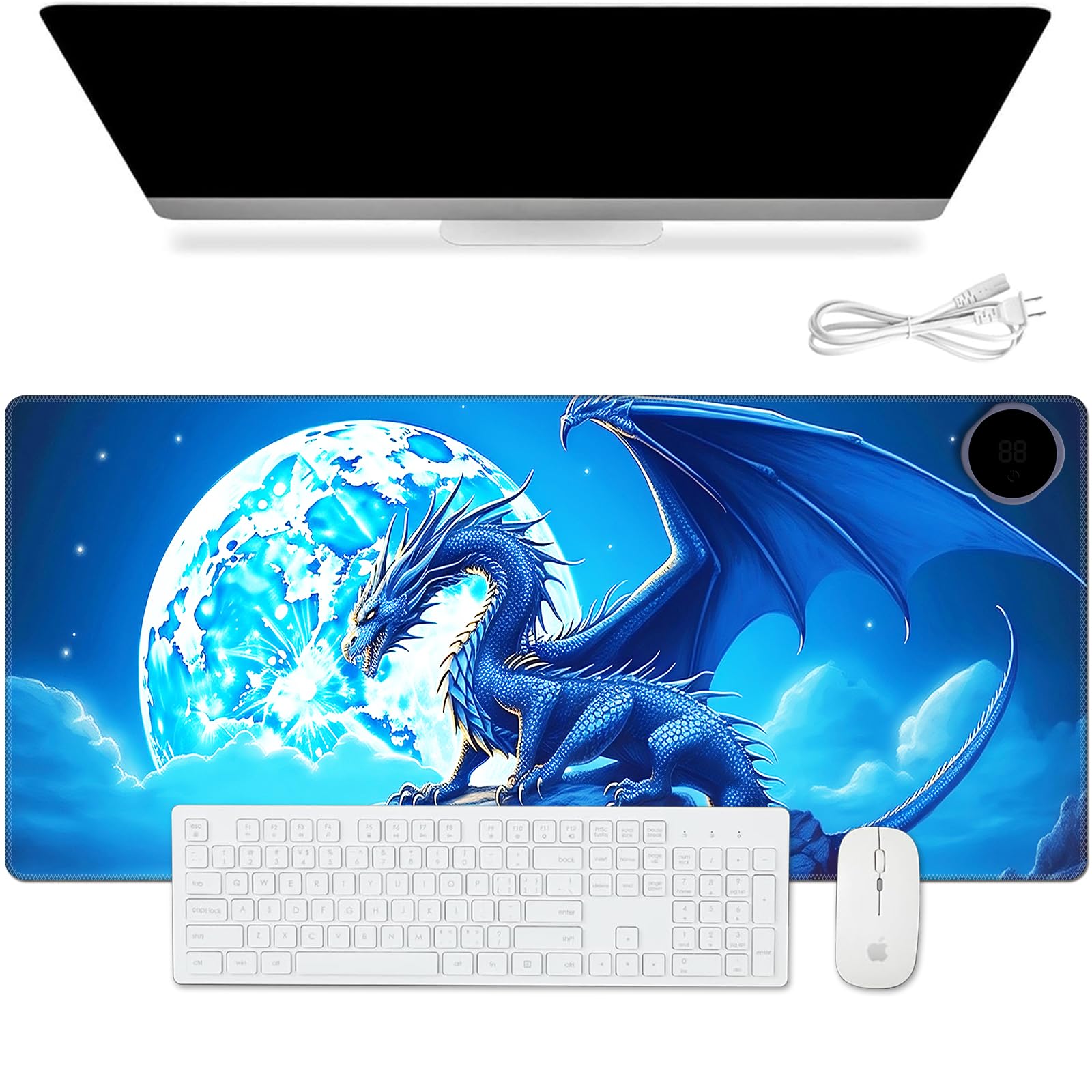 Tapis de souris chaud avec 3 niveaux de chauffage et arrêt automatique en 3 heures - 80 x 33 cm - En cuir synthétique - Pour la maison et le bureau - Dragon