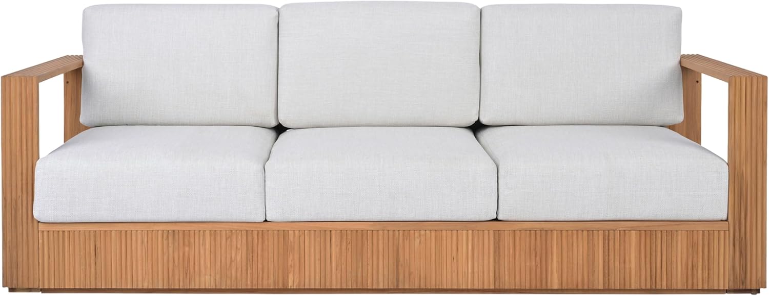 SAFAVIEH Couture Outdoor Patio Furniture Collection – Saint Lucia Natural Teak Wood Patio Sofa with White Cushions, Reeded Outdoor Sofa (CPT1074A)